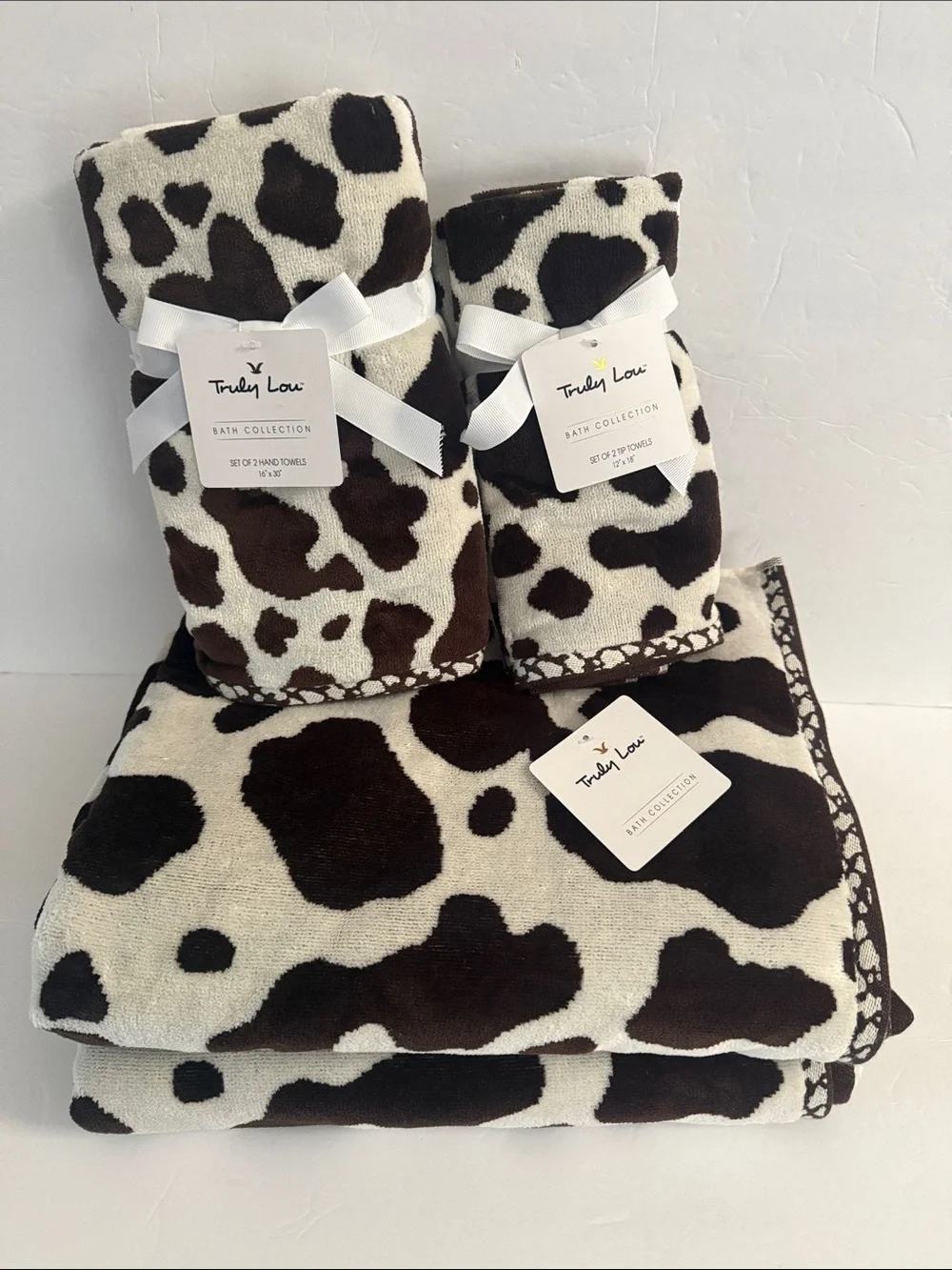 NWT Truly Lou 6 Piece 100% Cotton Bath Towel Set Brown & Cream Cow Animal Print